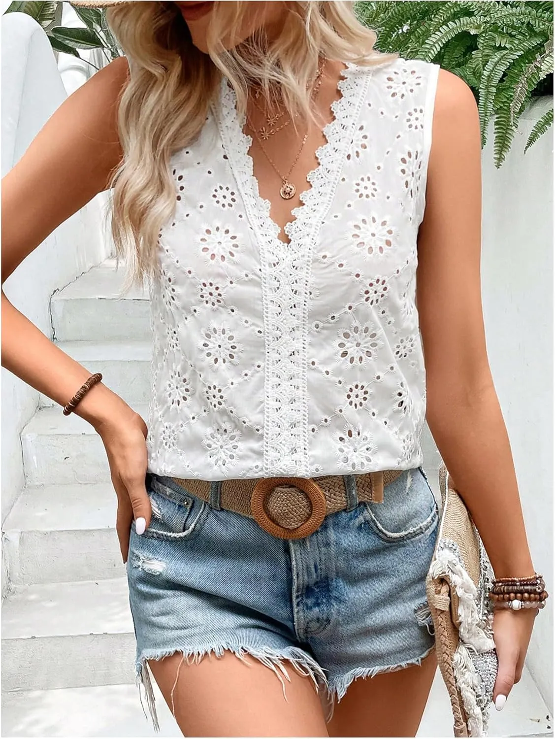 MakeMeChic Women's Guipure Lace Trim Eyelet Embroidery Blouse V Neck Sleeveless Blouses Top