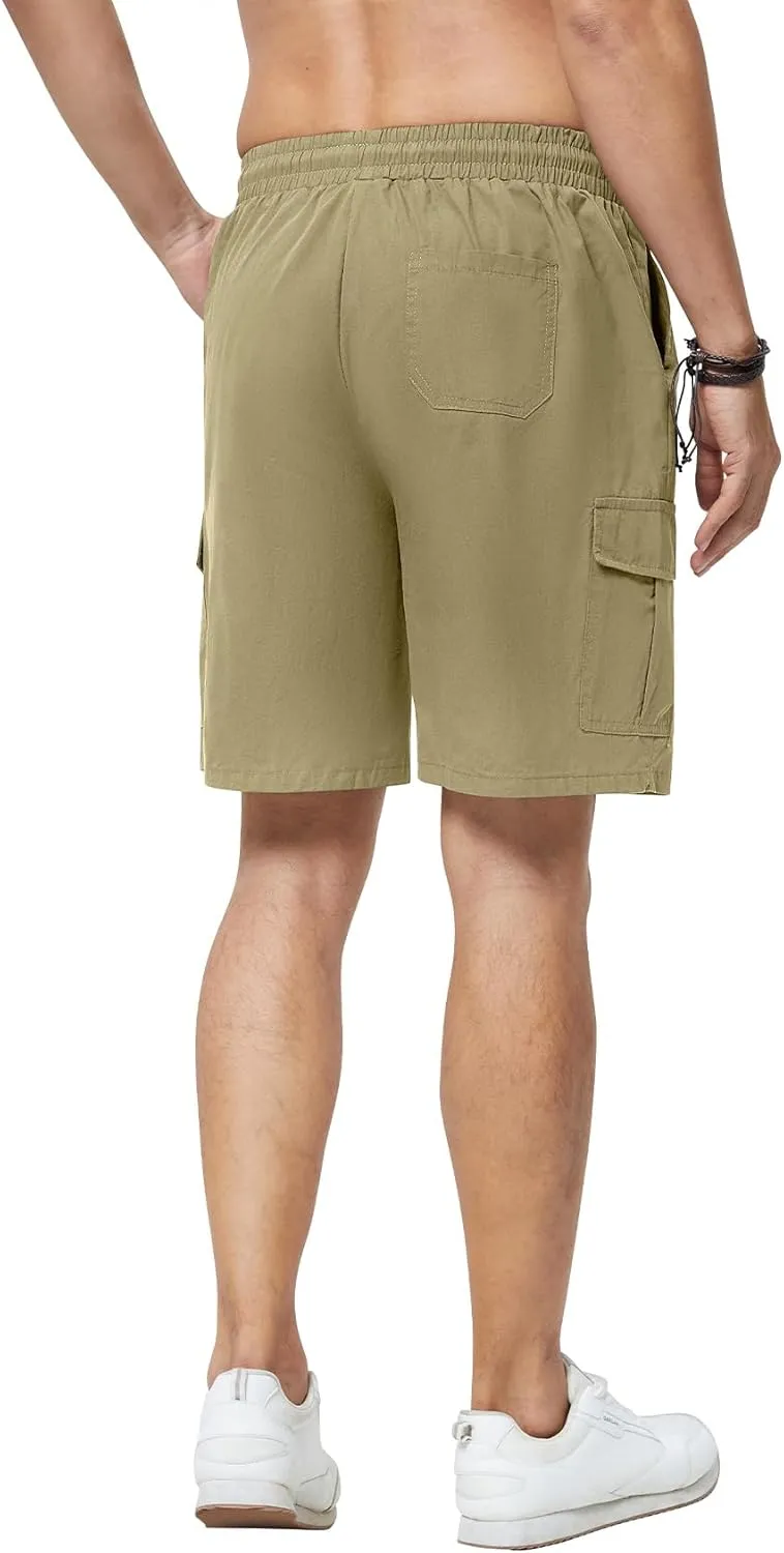 Men's Cargo Shorts Casual Elastic Waist Drawstring Lightweight Cotton Shorts with 5 Pockets for Athletic Camping