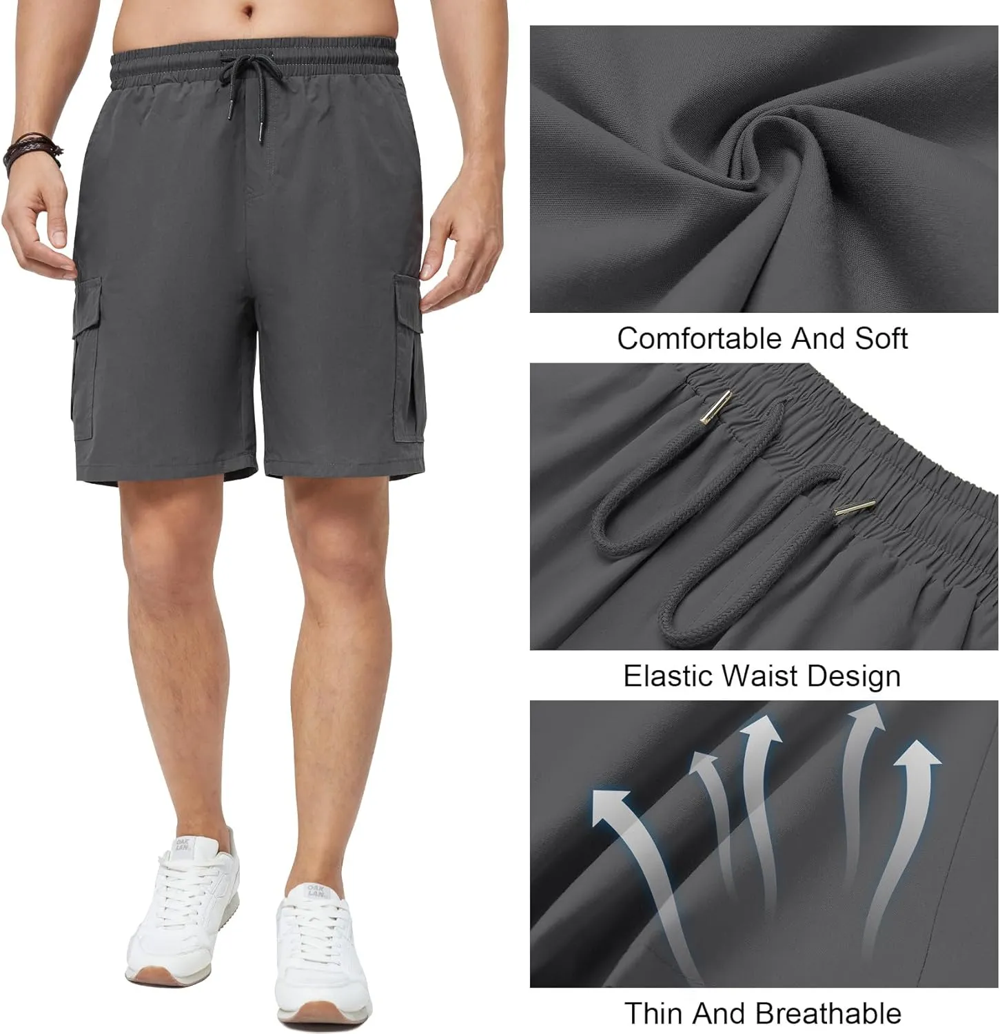 Men's Cargo Shorts Casual Elastic Waist Drawstring Lightweight Cotton Shorts with 5 Pockets for Athletic Camping