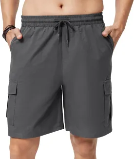 Men's Cargo Shorts Casual Elastic Waist Drawstring Lightweight Cotton Shorts with 5 Pockets for Athletic Camping