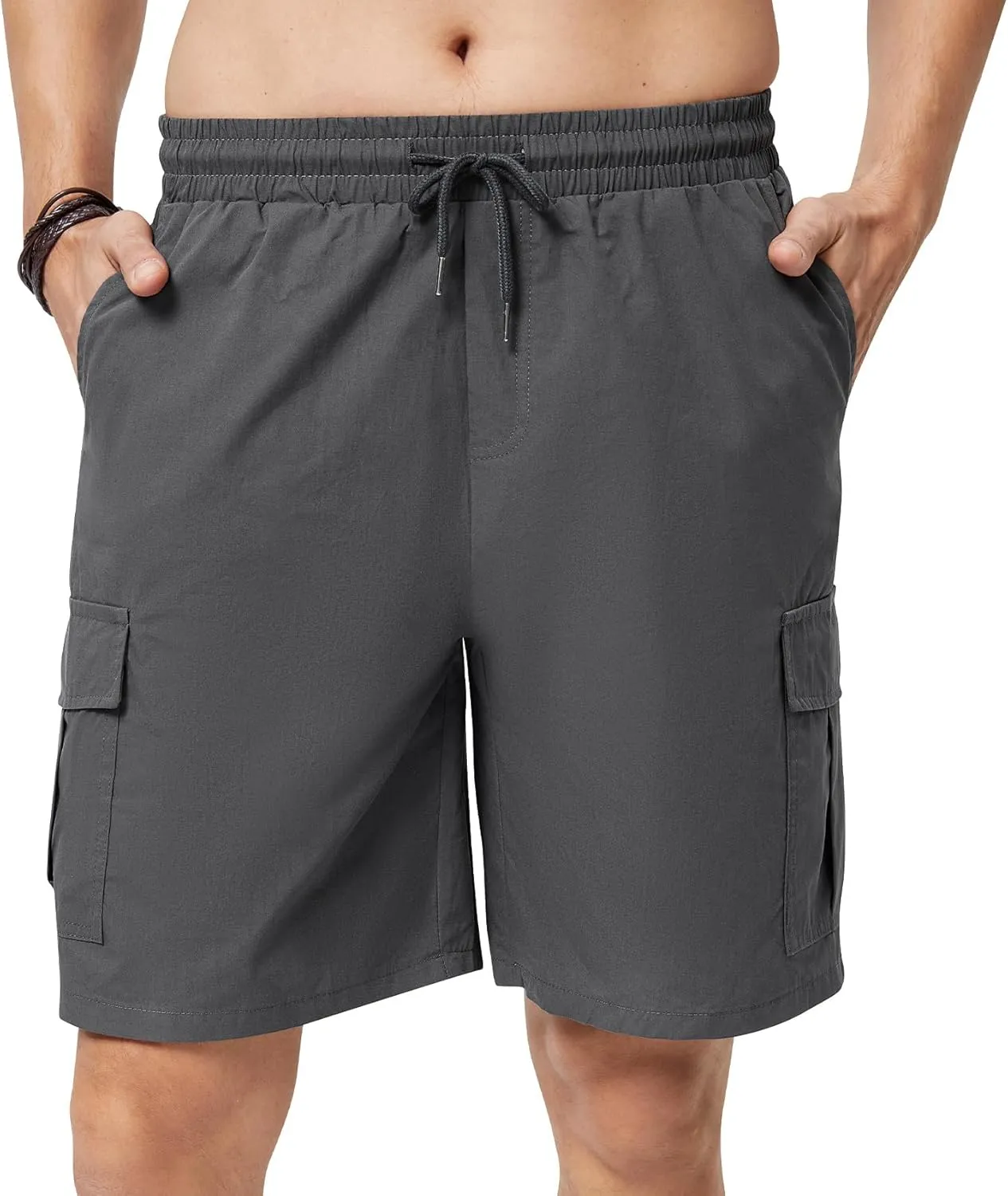 Men's Cargo Shorts Casual Elastic Waist Drawstring Lightweight Cotton Shorts with 5 Pockets for Athletic Camping