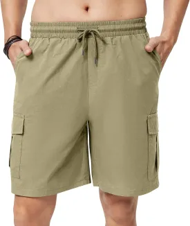Men's Cargo Shorts Casual Elastic Waist Drawstring Lightweight Cotton Shorts with 5 Pockets for Athletic Camping