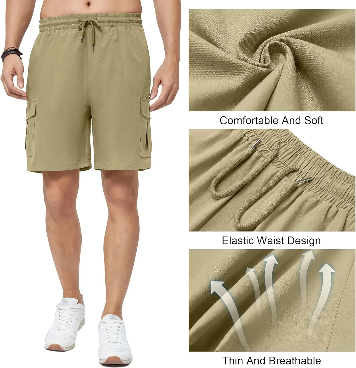 Men's Cargo Shorts Casual Elastic Waist Drawstring Lightweight Cotton Shorts with 5 Pockets for Athletic Camping