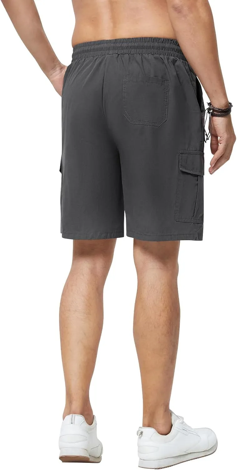 Men's Cargo Shorts Casual Elastic Waist Drawstring Lightweight Cotton Shorts with 5 Pockets for Athletic Camping
