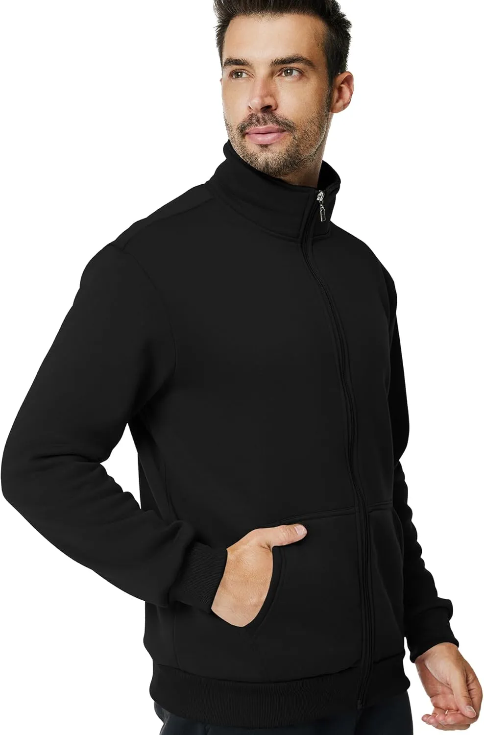 Men's Fleece Full Zip Up Sweatshirt Casual Lightweight Long Sleeve Mock Neck Jackets with Pocket