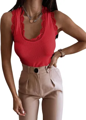 miduo Womens Slim Fit Scoop Neck Lace Trim Ribbed Knit Tanks Tops Sleeveless Blouses Shirts Tops
