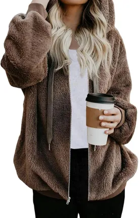 Nirovien Womens Sherpa Jacket Fuzzy Zip Up Hoodie Oversized Fleece Jackets Fluffy Coat with Pockets