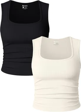 OQQ Womens 2 Piece Crop Tops Rueched Sleeveless Square Neck Stretch Basic Tank Shirts