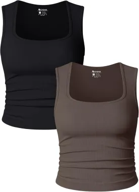 OQQ Womens 2 Piece Crop Tops Rueched Sleeveless Square Neck Stretch Basic Tank Shirts