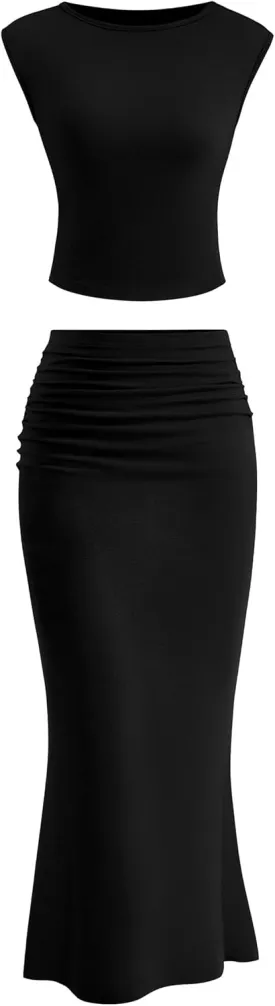PRETTYGARDEN Summer 2 Piece Sets for Women Going Out 2025 Casual Cap Sleeve Crop Tops Ruched Maxi Long Skirts Spring Outfits