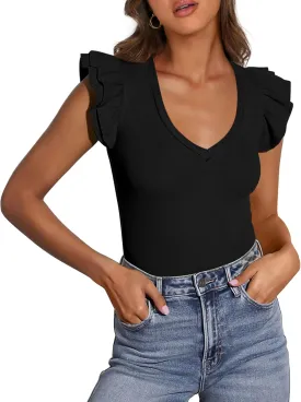 PRETTYGARDEN Womens V Neck Summer Tops Ruffle Sleeveless Slim Fit T Shirts Going Out Casual Blouses 2025