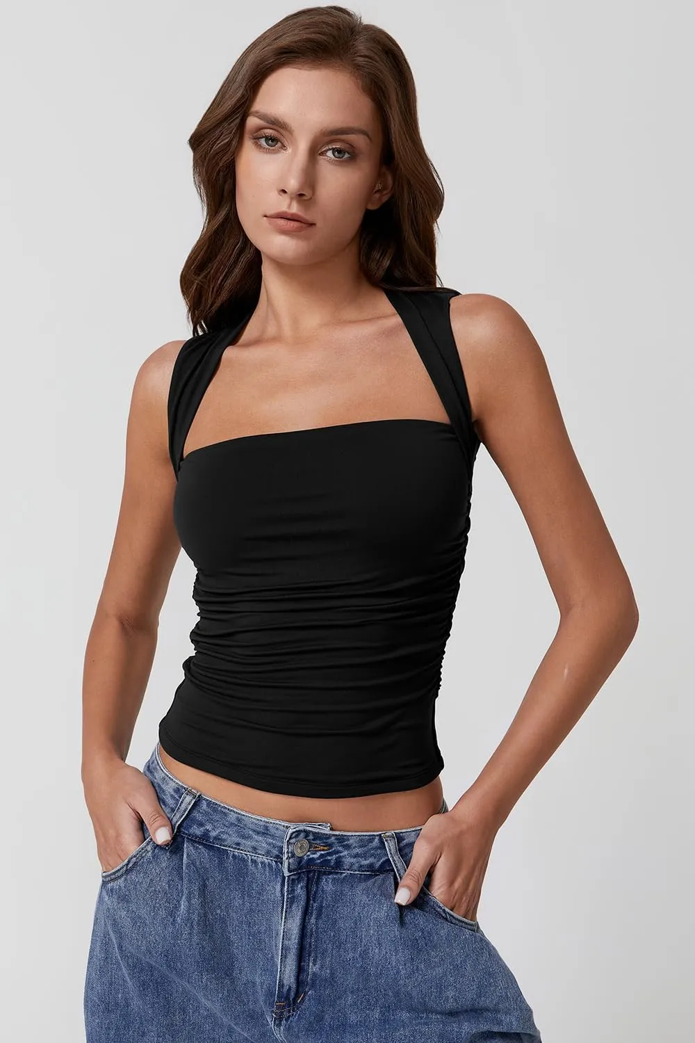 QINSEN Womens Square Neck Tank Tops Side Ruched Double Lined Slim Fit Summer Going Out Crop Top
