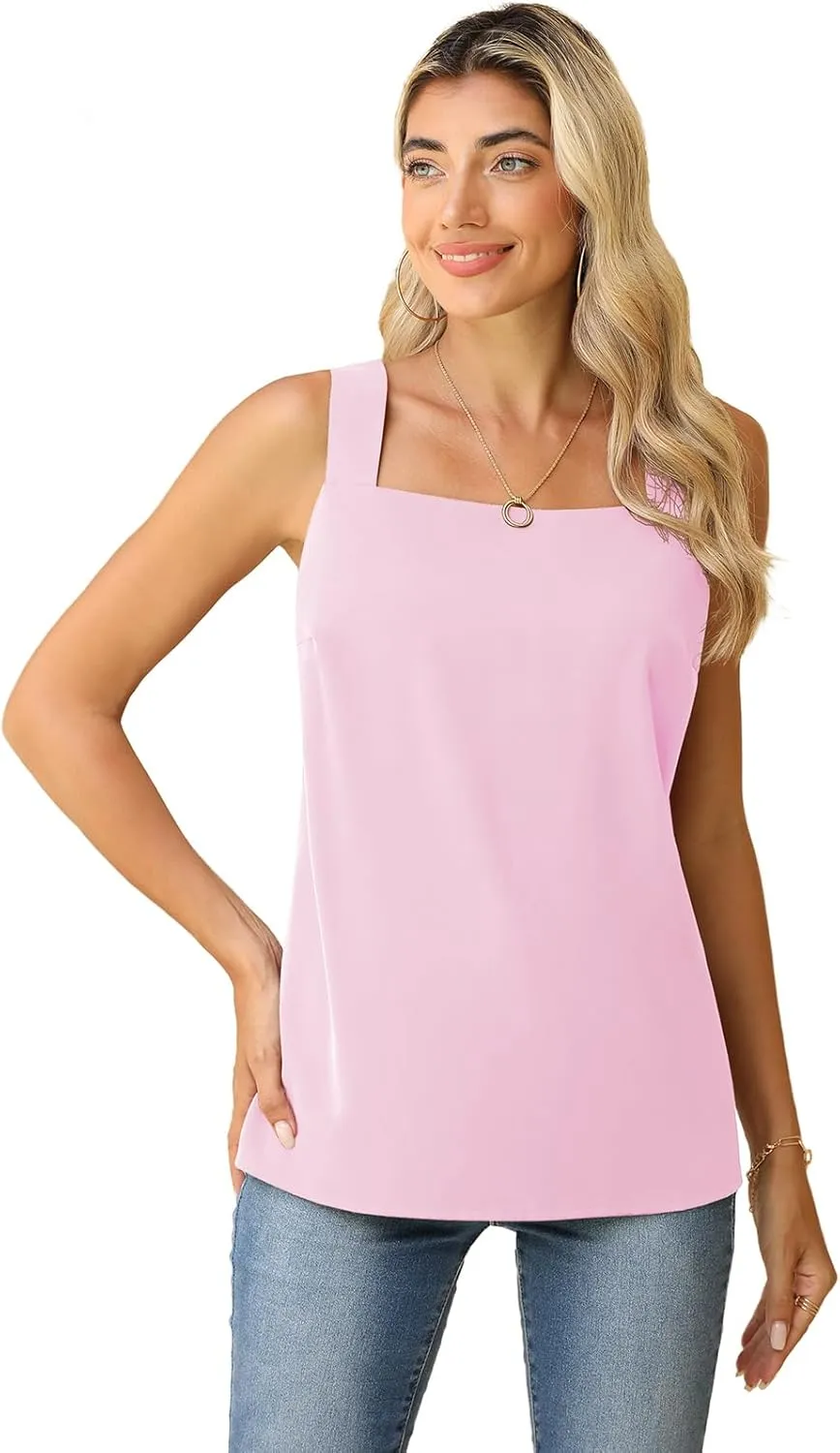 QUEZHU Blouse Tank Tops for Women Casual Summer Square Neck Chiffon Blouse Loose Flowy Sleeveless Tunic Shirts
