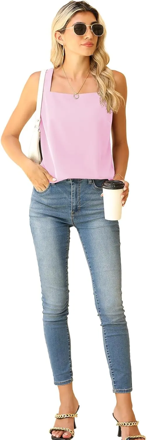 QUEZHU Blouse Tank Tops for Women Casual Summer Square Neck Chiffon Blouse Loose Flowy Sleeveless Tunic Shirts