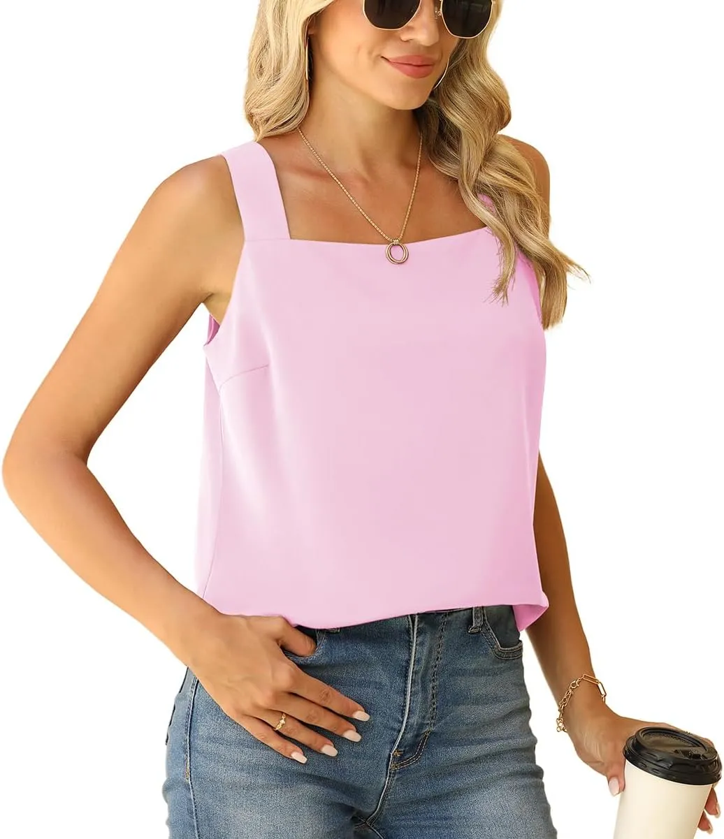 QUEZHU Blouse Tank Tops for Women Casual Summer Square Neck Chiffon Blouse Loose Flowy Sleeveless Tunic Shirts