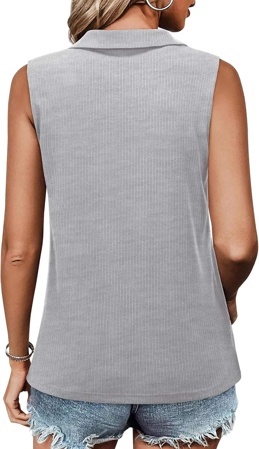 Ribbed Tank Tops for Women 2025 Summer Sleeveless Collar Polo Shirts Dressy Casual V Neck Camisole Work Blouses