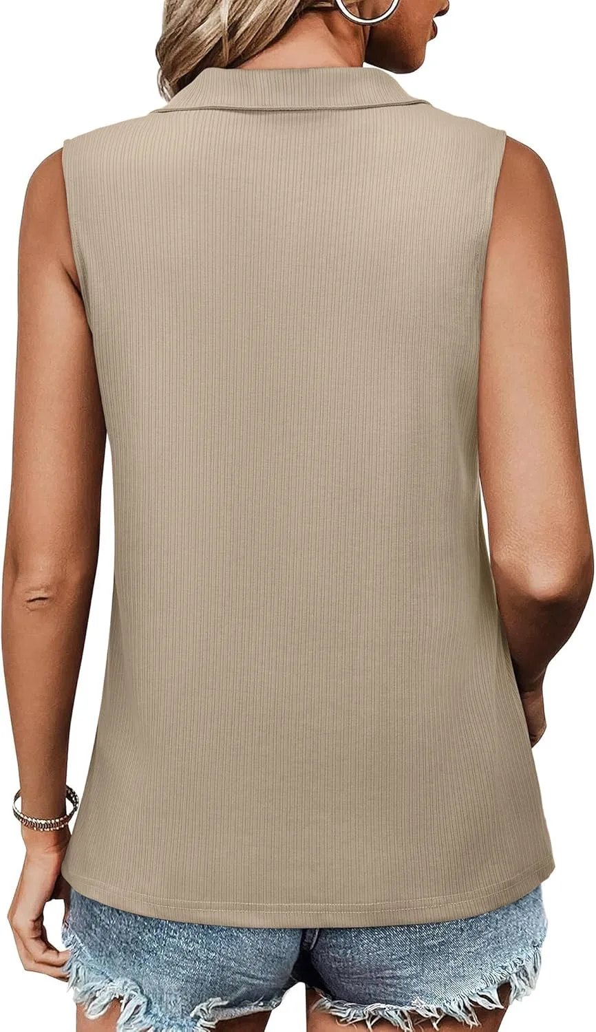 Ribbed Tank Tops for Women 2025 Summer Sleeveless Collar Polo Shirts Dressy Casual V Neck Camisole Work Blouses