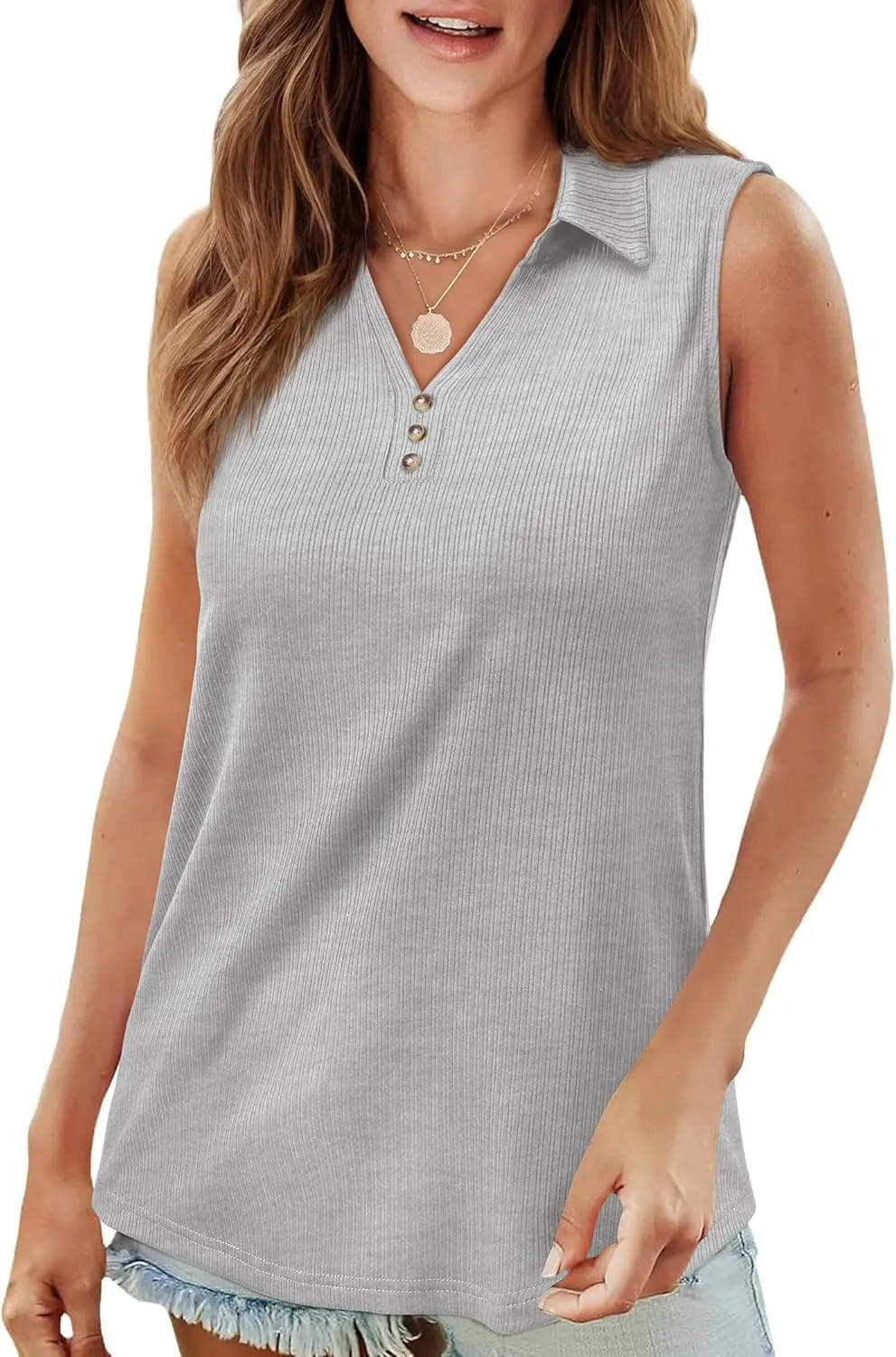 Ribbed Tank Tops for Women 2025 Summer Sleeveless Collar Polo Shirts Dressy Casual V Neck Camisole Work Blouses