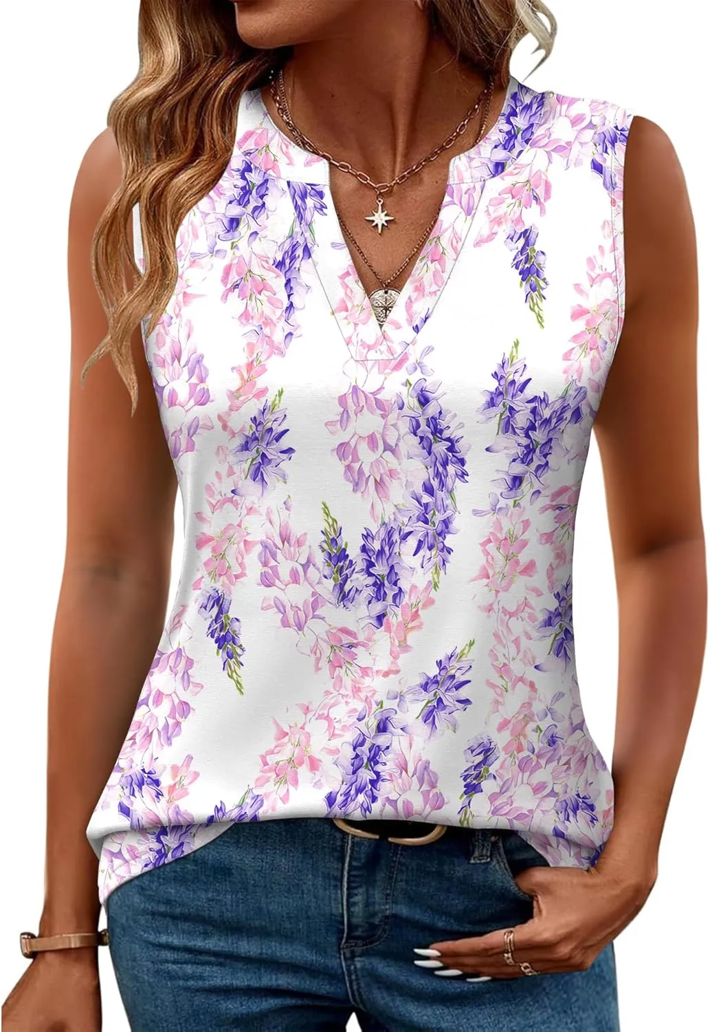 Romanstii Sleeveless Shirts for Women Casual Summer V Neck Tank Tops Dressy Blouses Tunic