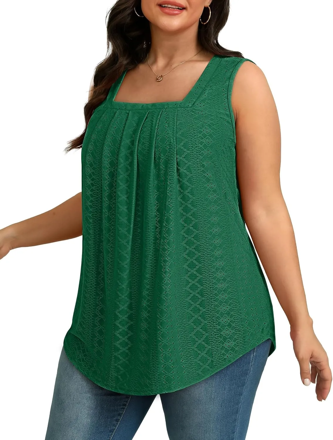 Saloogoe Tank Top for Women Loose Fit Eyelet Summer Tops Flowy Sleeveless Blouses Pleated Square Neck Curved Hem Fashion