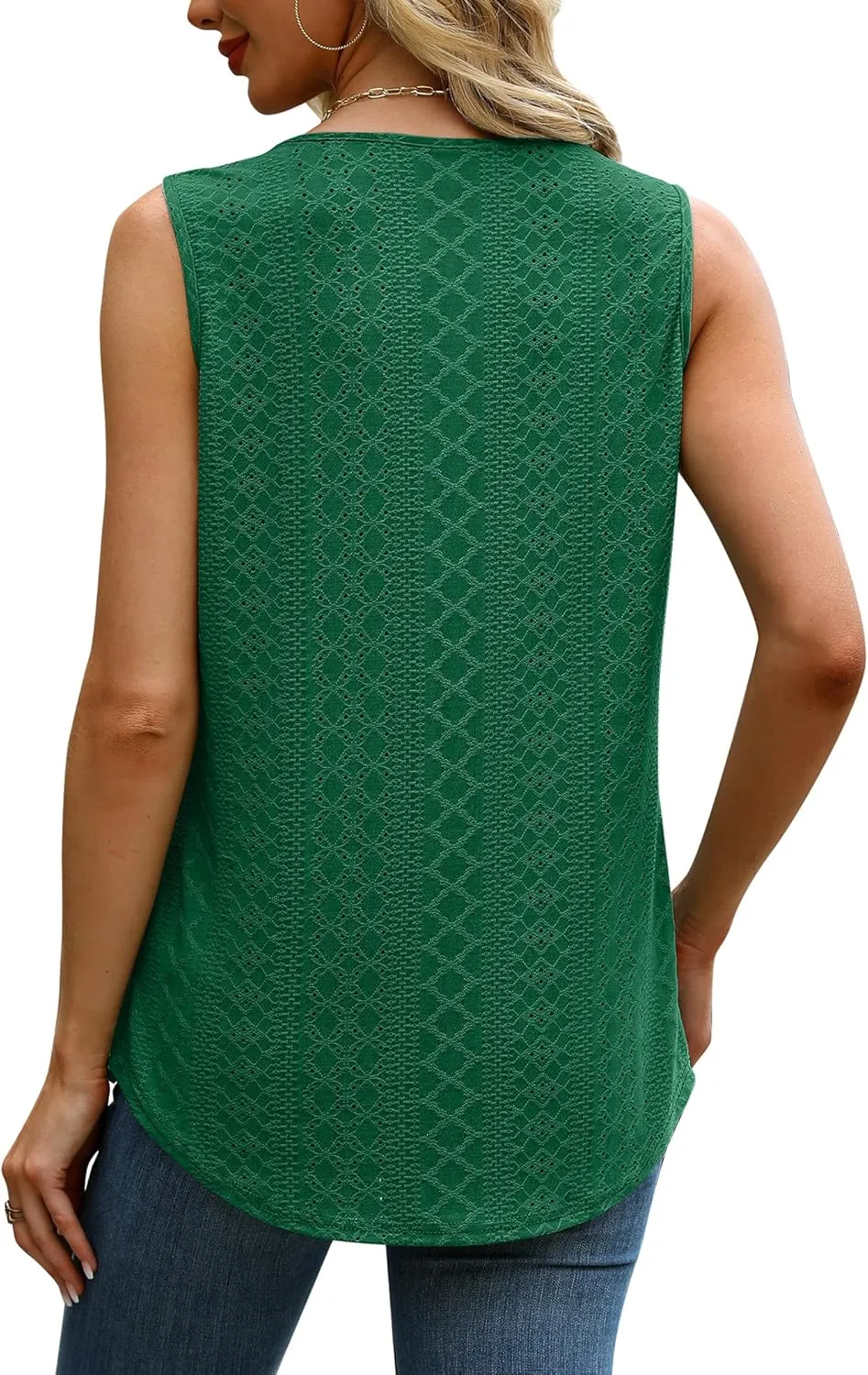 Saloogoe Tank Top for Women Loose Fit Eyelet Summer Tops Flowy Sleeveless Blouses Pleated Square Neck Curved Hem Fashion