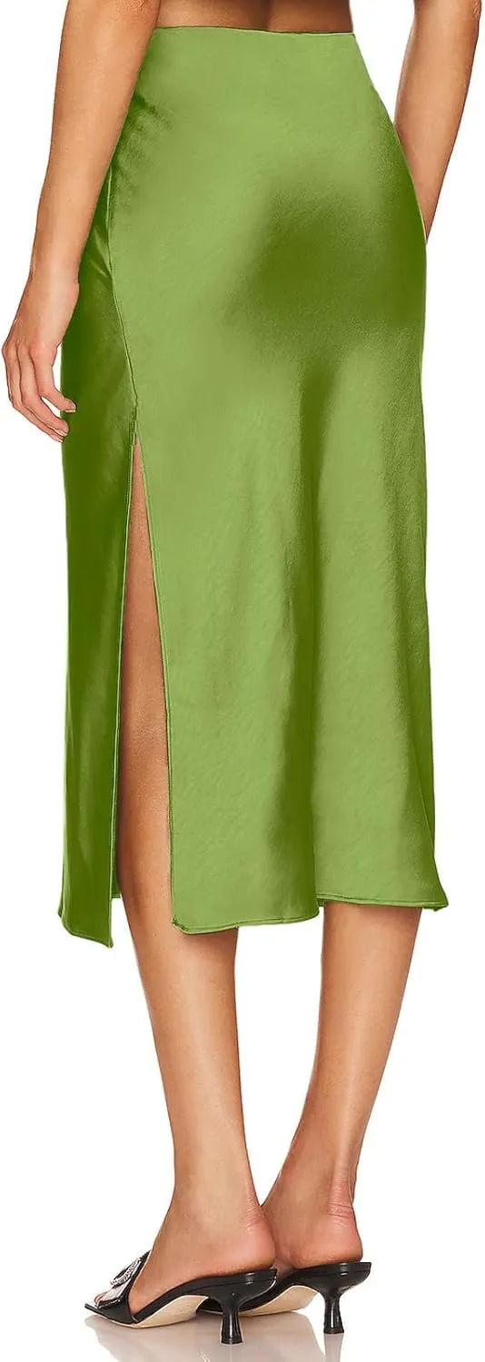 Satin High Waisted Midi Skirt Elastic Waistband Side Slit A Line Wedding Casual Skirts for Women