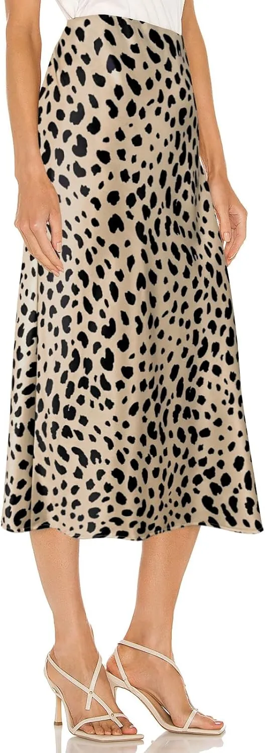 Satin High Waisted Midi Skirt Elastic Waistband Side Slit A Line Wedding Casual Skirts for Women