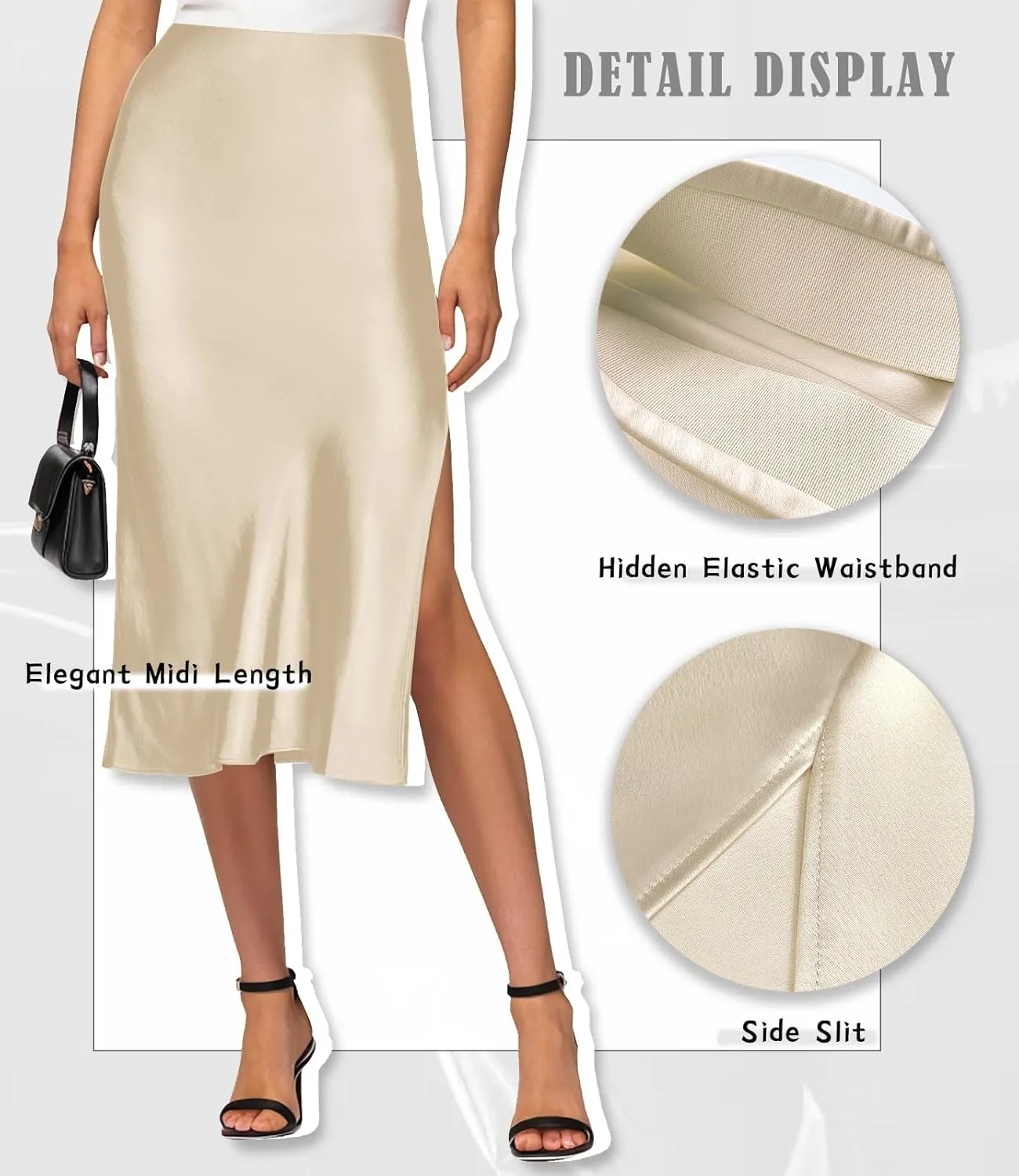 Satin High Waisted Midi Skirt Elastic Waistband Side Slit A Line Wedding Casual Skirts for Women