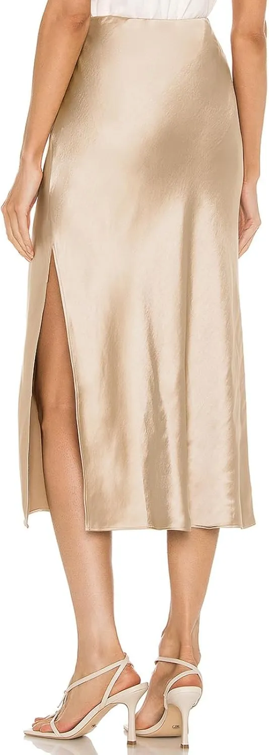 Satin High Waisted Midi Skirt Elastic Waistband Side Slit A Line Wedding Casual Skirts for Women