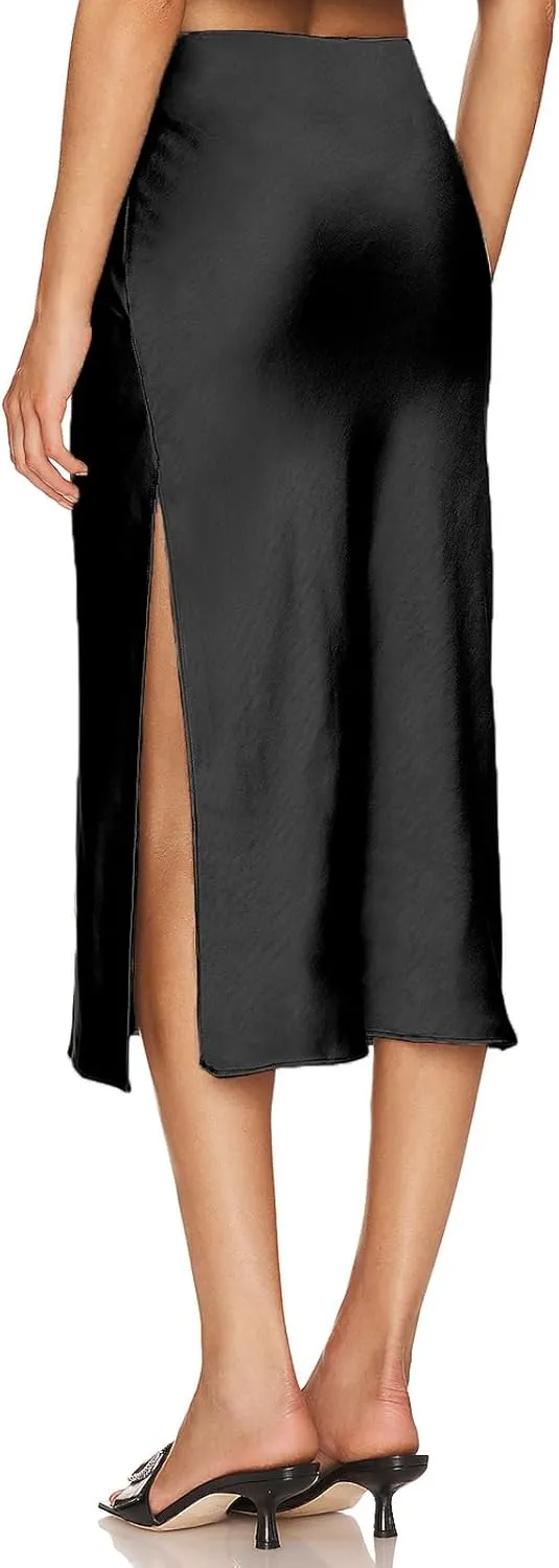 Satin High Waisted Midi Skirt Elastic Waistband Side Slit A Line Wedding Casual Skirts for Women