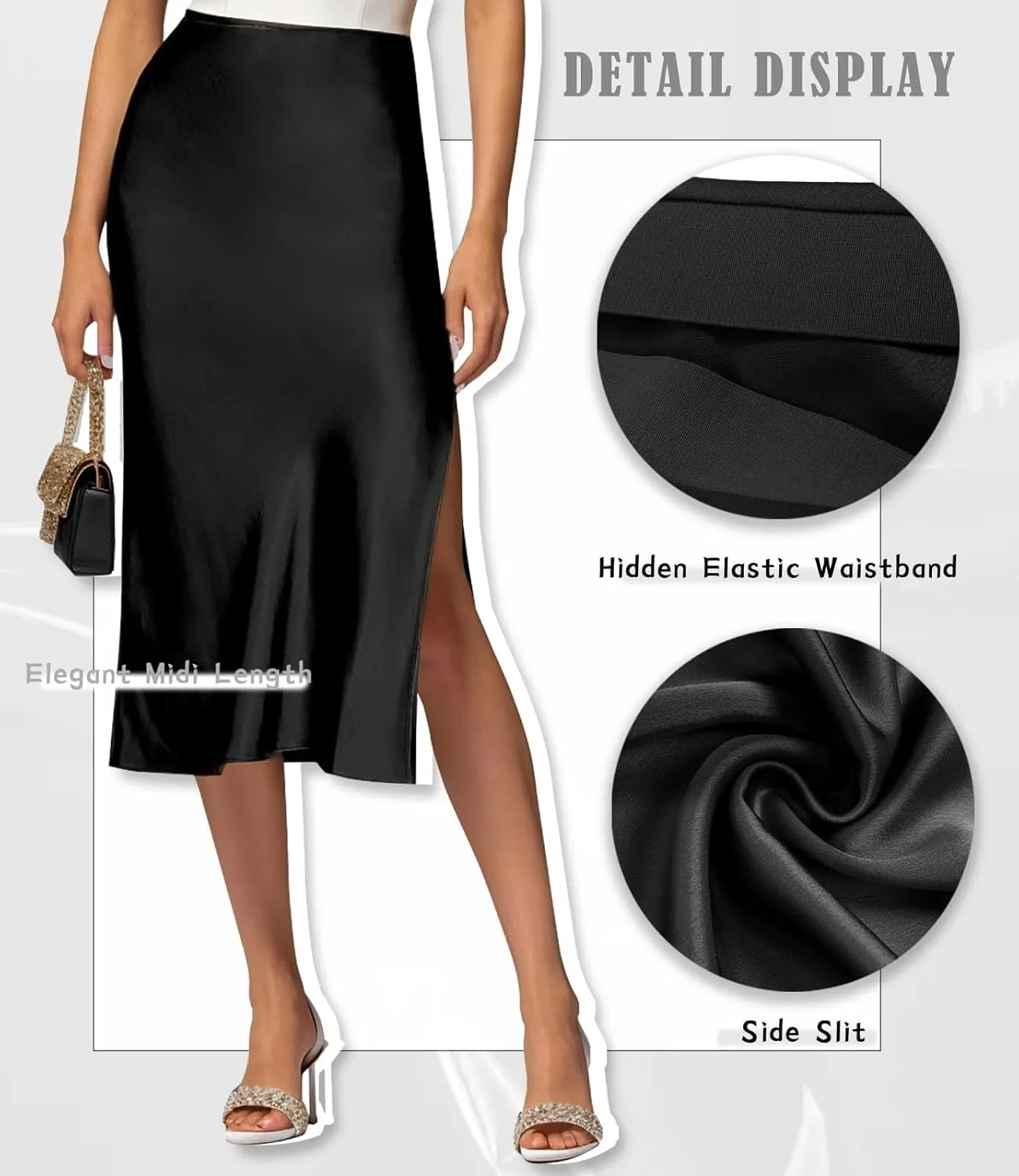 Satin High Waisted Midi Skirt Elastic Waistband Side Slit A Line Wedding Casual Skirts for Women