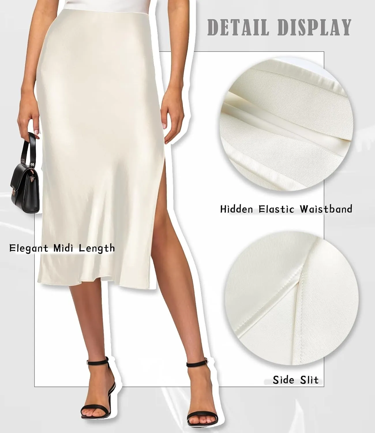Satin High Waisted Midi Skirt Elastic Waistband Side Slit A Line Wedding Casual Skirts for Women