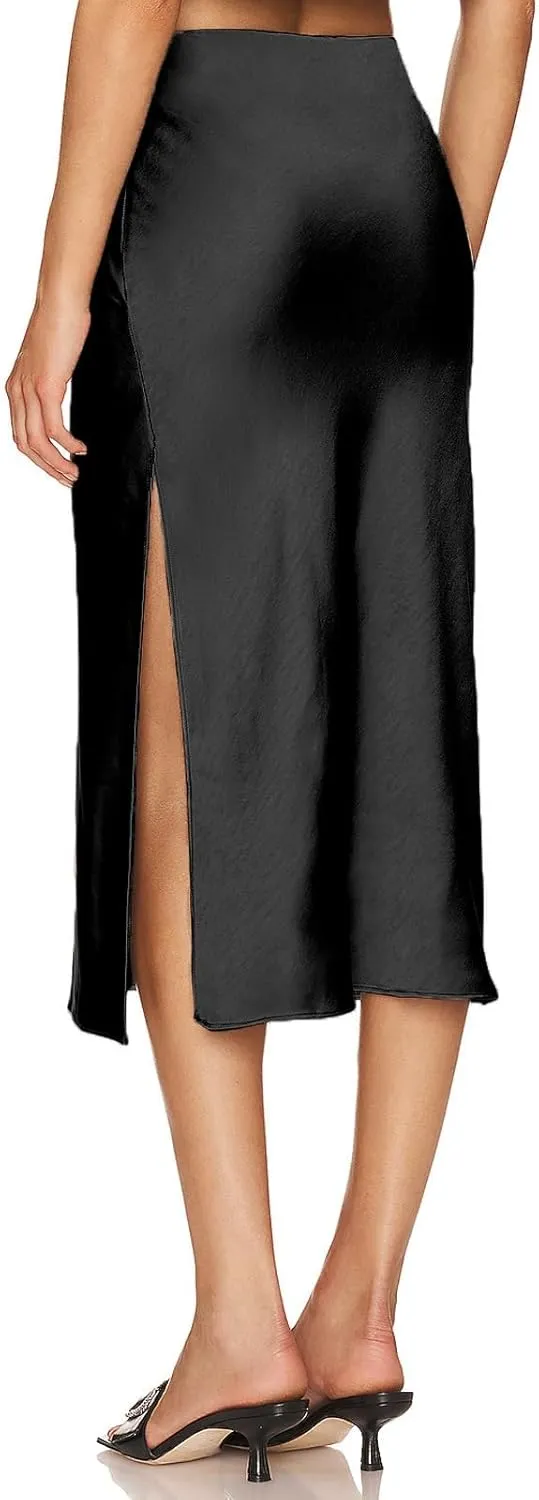 Satin High Waisted Midi Skirt Elastic Waistband Side Slit A Line Wedding Casual Skirts for Women