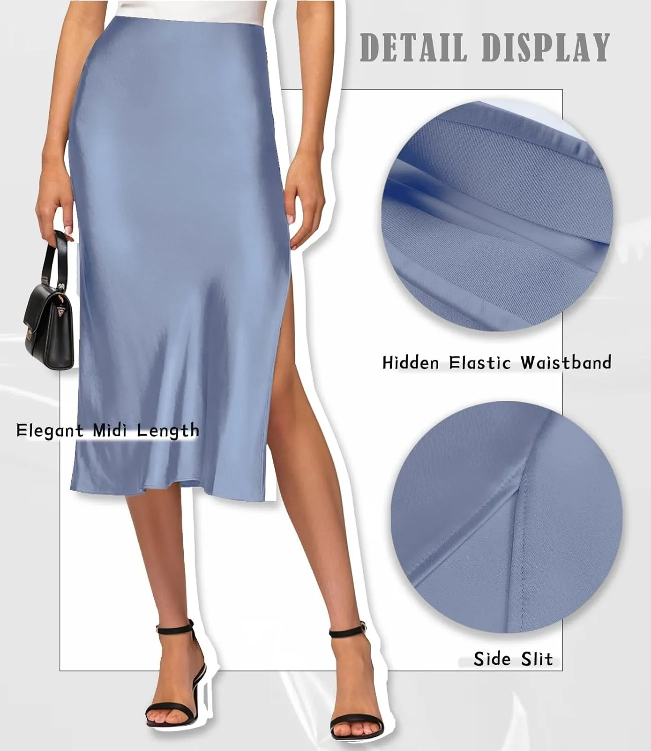 Satin High Waisted Midi Skirt Elastic Waistband Side Slit A Line Wedding Casual Skirts for Women