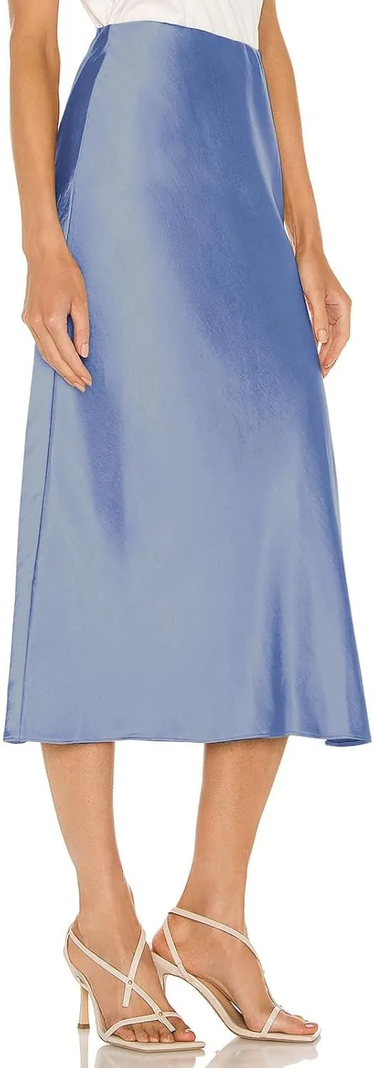 Satin High Waisted Midi Skirt Elastic Waistband Side Slit A Line Wedding Casual Skirts for Women