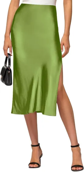 Satin High Waisted Midi Skirt Elastic Waistband Side Slit A Line Wedding Casual Skirts for Women