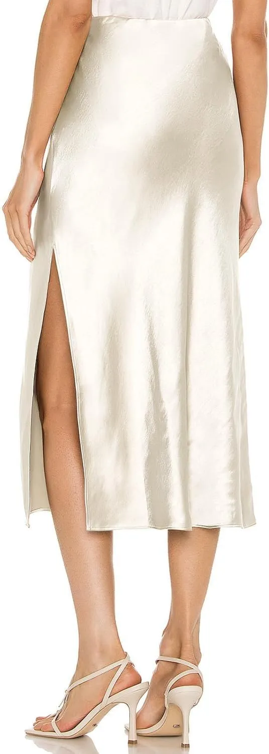 Satin High Waisted Midi Skirt Elastic Waistband Side Slit A Line Wedding Casual Skirts for Women