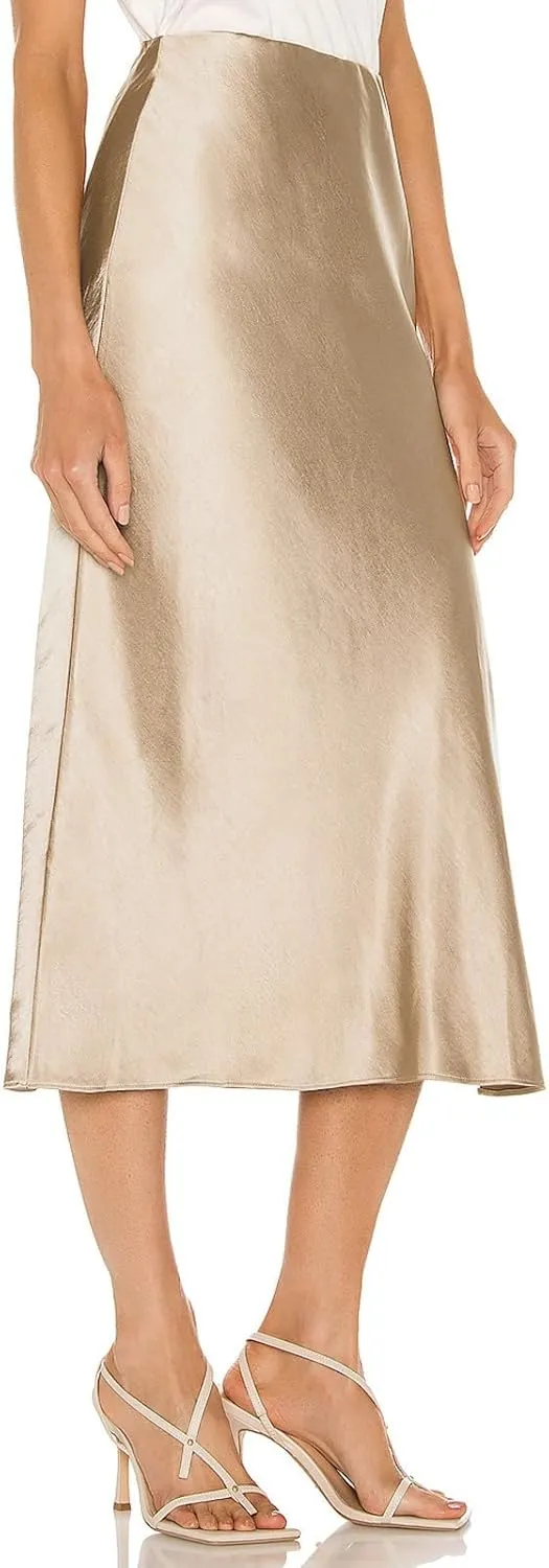 Satin High Waisted Midi Skirt Elastic Waistband Side Slit A Line Wedding Casual Skirts for Women