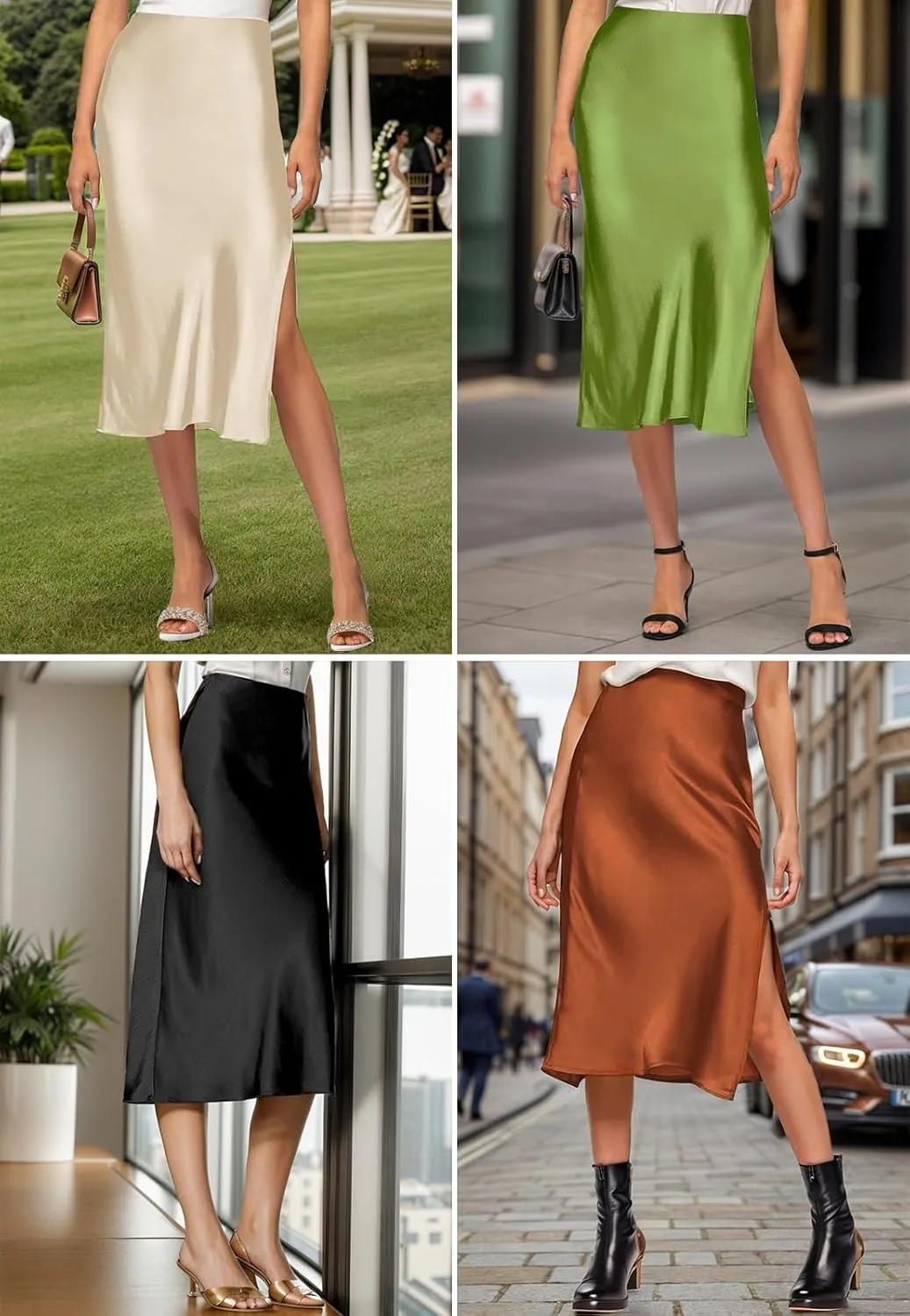 Satin High Waisted Midi Skirt Elastic Waistband Side Slit A Line Wedding Casual Skirts for Women
