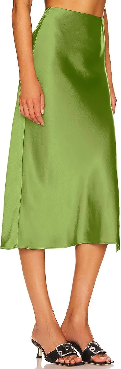 Satin High Waisted Midi Skirt Elastic Waistband Side Slit A Line Wedding Casual Skirts for Women