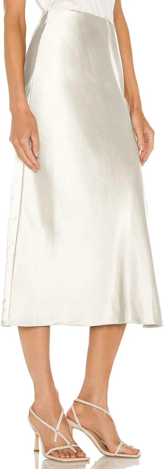 Satin High Waisted Midi Skirt Elastic Waistband Side Slit A Line Wedding Casual Skirts for Women