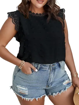 SCOMCHIC Women Plus Size Tank Tops Cute Summer Sleeveless Blouses Lace Trim Cap Sleeve Crewneck Swiss Dot Babydoll Tops