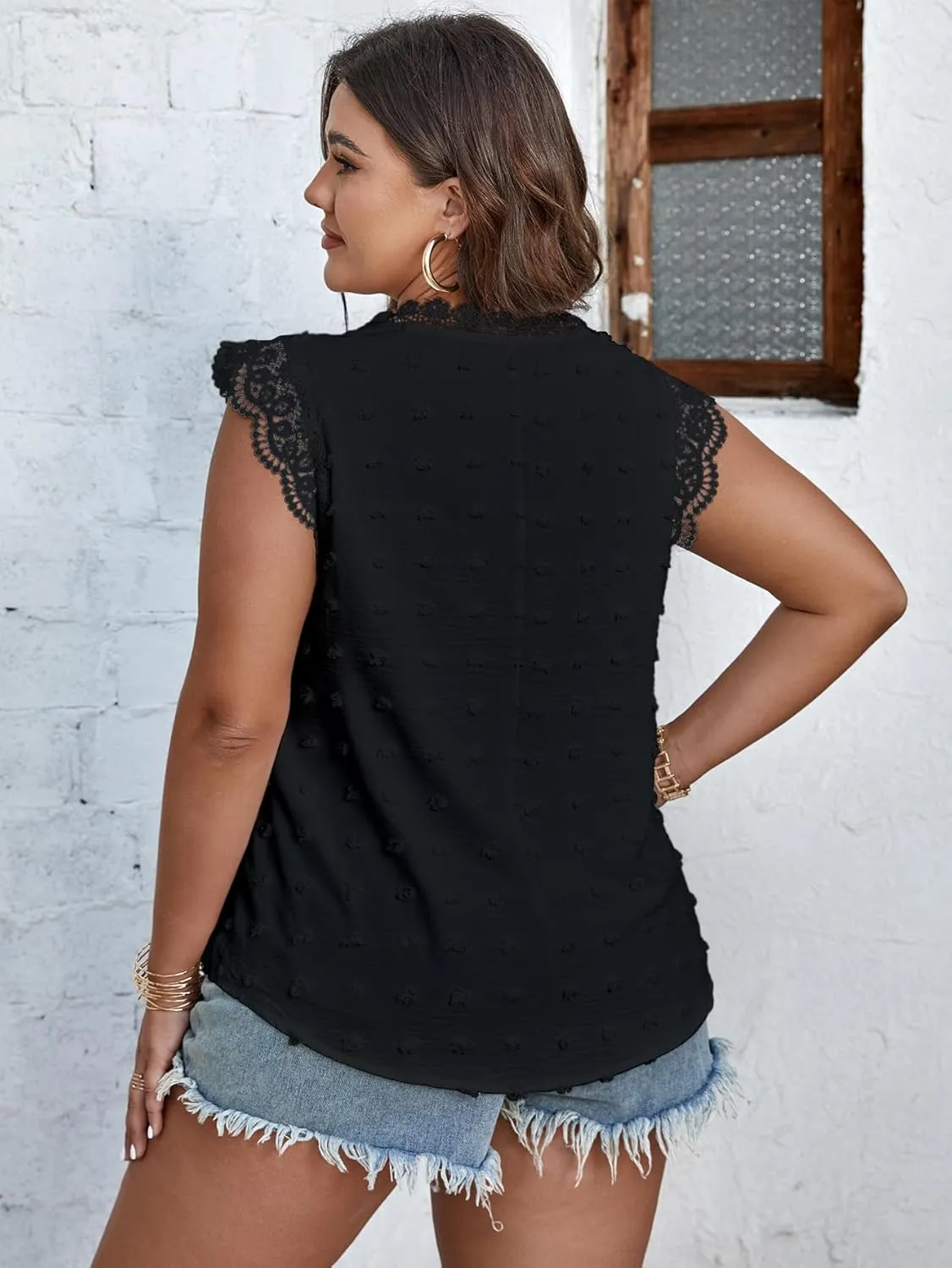 SCOMCHIC Women Plus Size Tank Tops Cute Summer Sleeveless Blouses Lace Trim Cap Sleeve Crewneck Swiss Dot Babydoll Tops