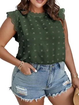 SCOMCHIC Women Plus Size Tank Tops Cute Summer Sleeveless Blouses Lace Trim Cap Sleeve Crewneck Swiss Dot Babydoll Tops