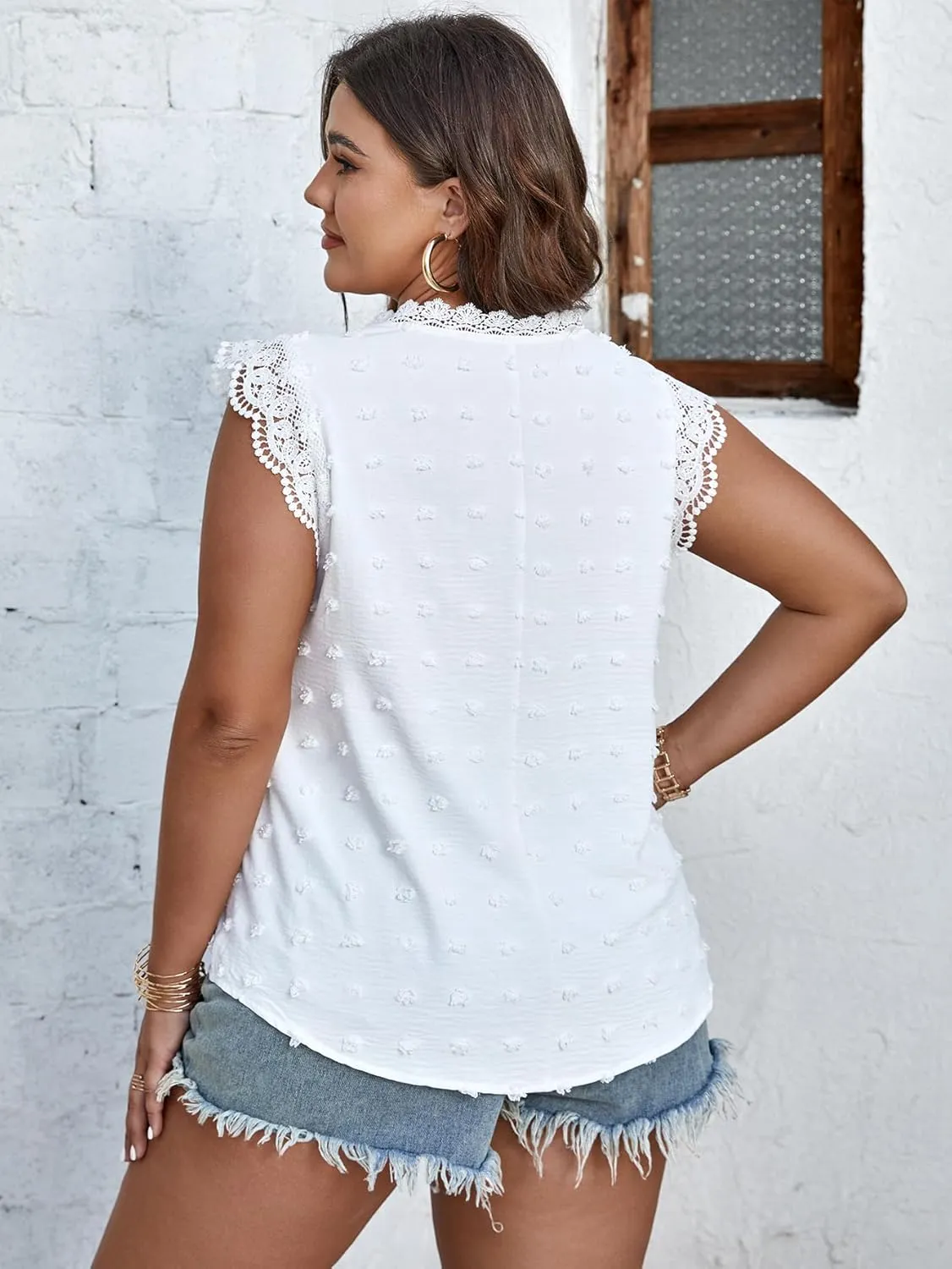 SCOMCHIC Women Plus Size Tank Tops Cute Summer Sleeveless Blouses Lace Trim Cap Sleeve Crewneck Swiss Dot Babydoll Tops