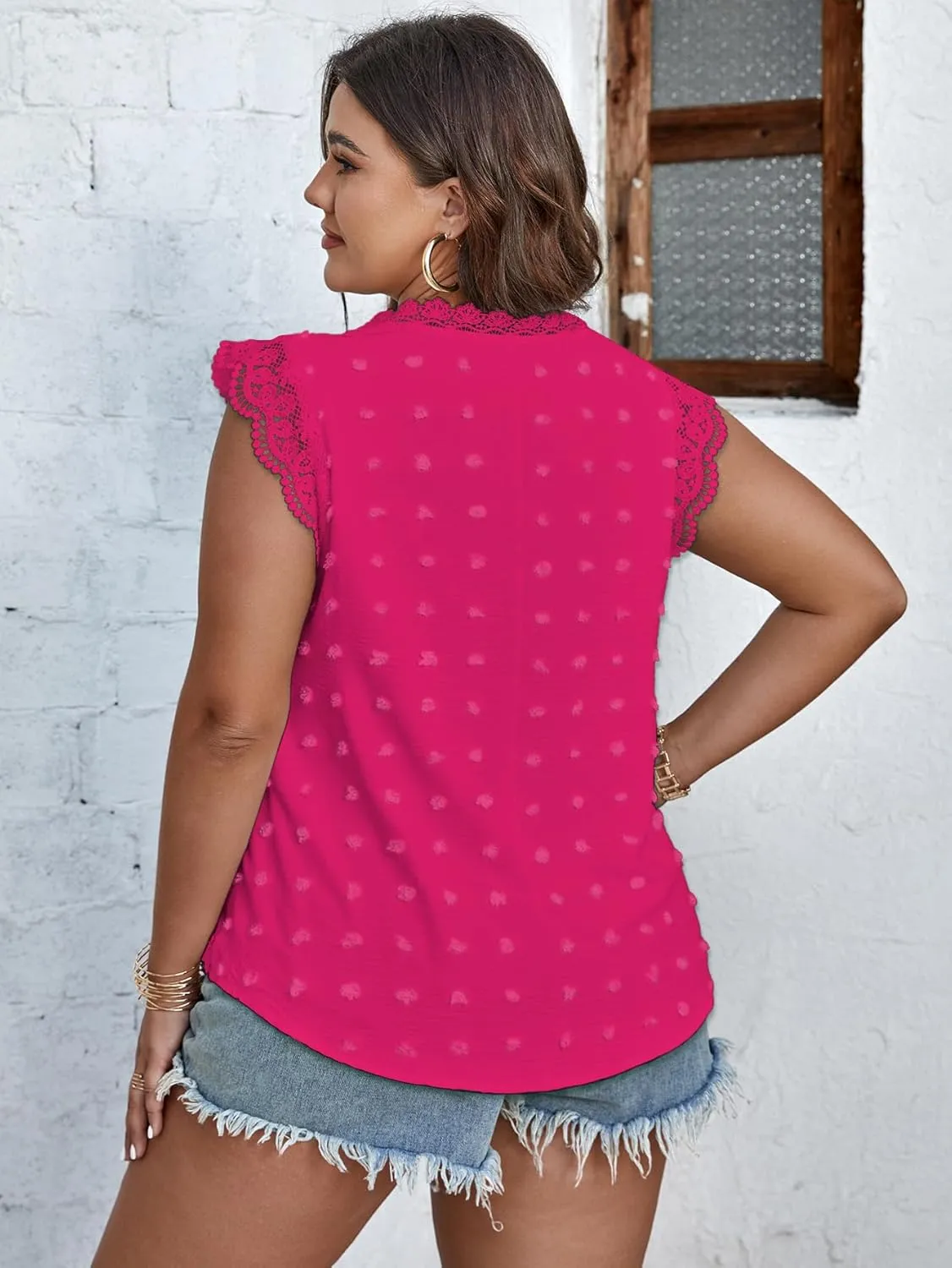 SCOMCHIC Women Plus Size Tank Tops Cute Summer Sleeveless Blouses Lace Trim Cap Sleeve Crewneck Swiss Dot Babydoll Tops