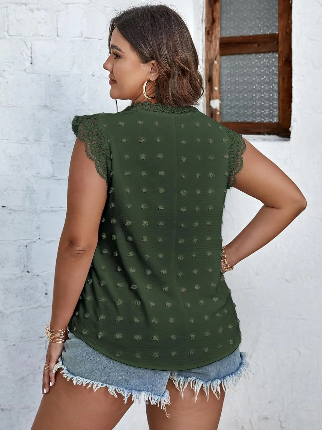 SCOMCHIC Women Plus Size Tank Tops Cute Summer Sleeveless Blouses Lace Trim Cap Sleeve Crewneck Swiss Dot Babydoll Tops