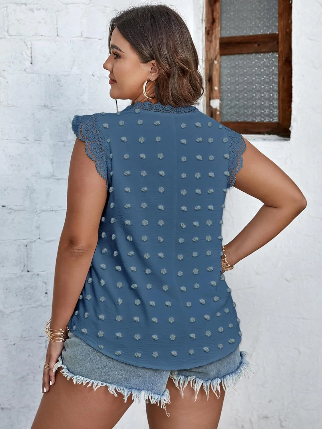 SCOMCHIC Women Plus Size Tank Tops Cute Summer Sleeveless Blouses Lace Trim Cap Sleeve Crewneck Swiss Dot Babydoll Tops