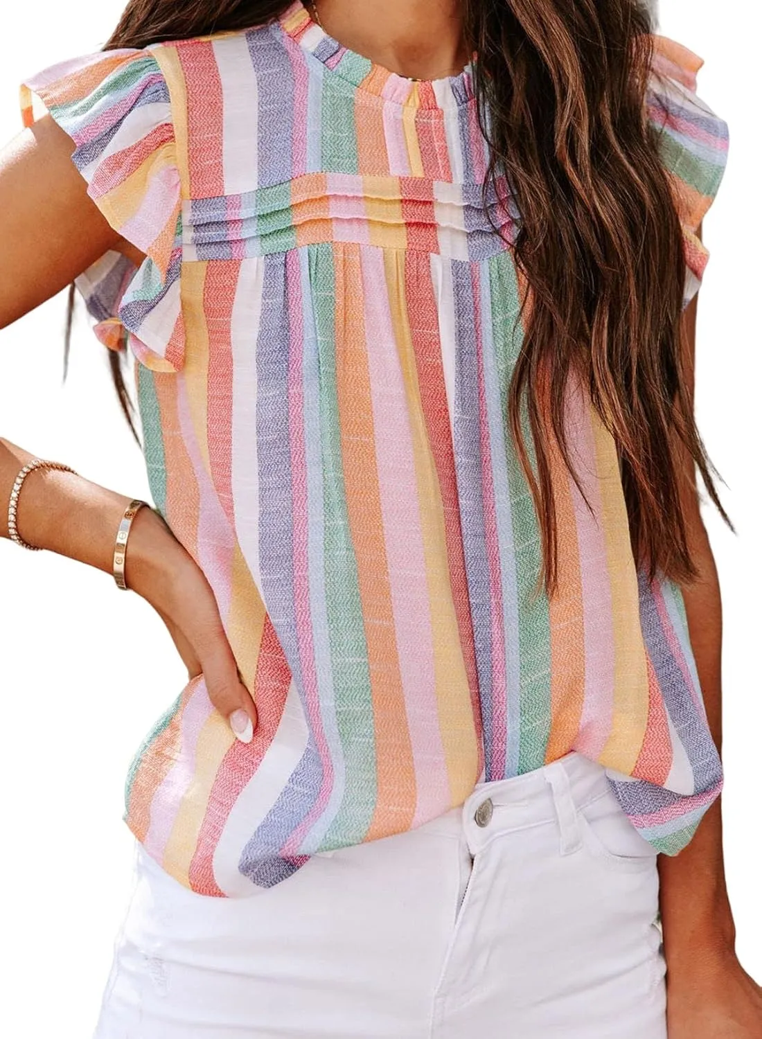 SHEWIN Womens Summer Crewneck Tank Tops Casual Ruffle Sleeveless Tops Shirts