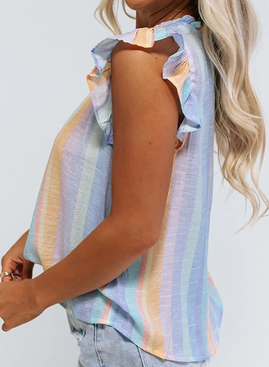 SHEWIN Womens Summer Crewneck Tank Tops Casual Ruffle Sleeveless Tops Shirts